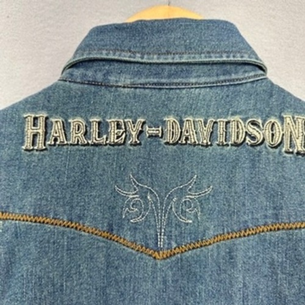VTG Y2K Harley-Davidson Western Pearl Snap Denim Shirt Blue Embroidered XS (XXS) - Picture 7 of 8